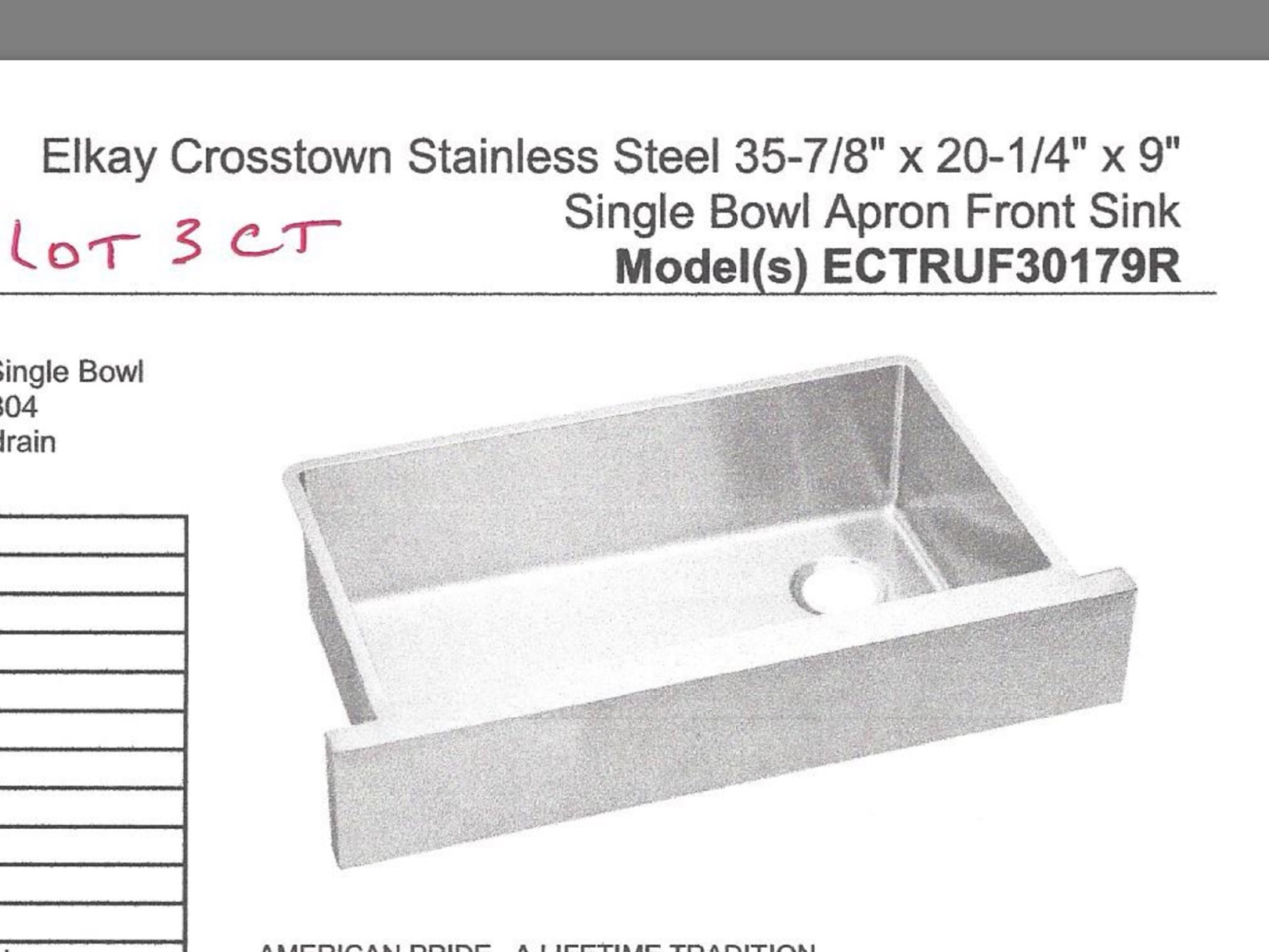 Elkay Crosstown apron-front sink spec sheet with handwritten 