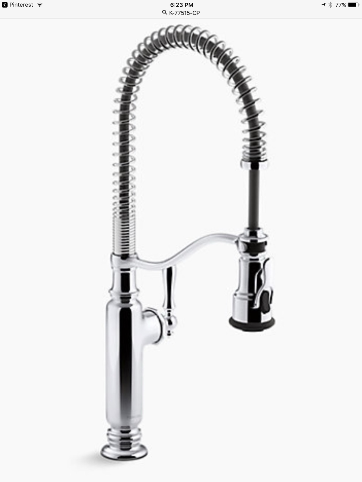 Pinterest screenshot of a Kohler pull-down kitchen faucet labeled K-77515-CP.