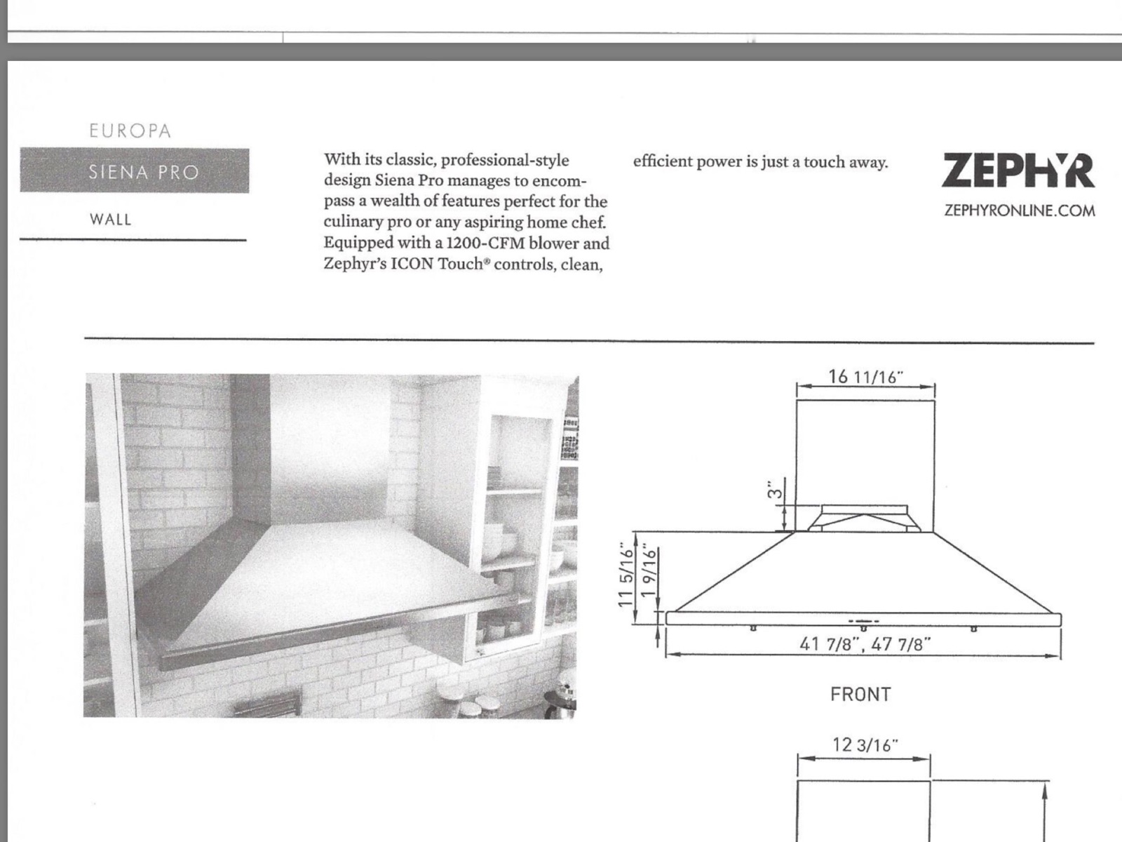 Zephyr Siena Pro wall hood spec sheet showing dimensions and the 1200-CFM blower callout.