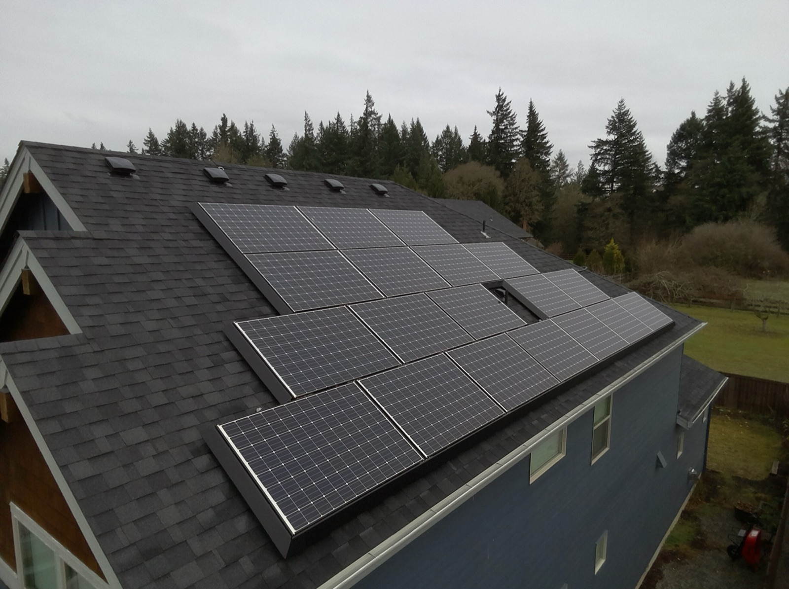 Aerial view of the rooftop solar array — rows of panels covering the main roof plane, with tall firs beyond.