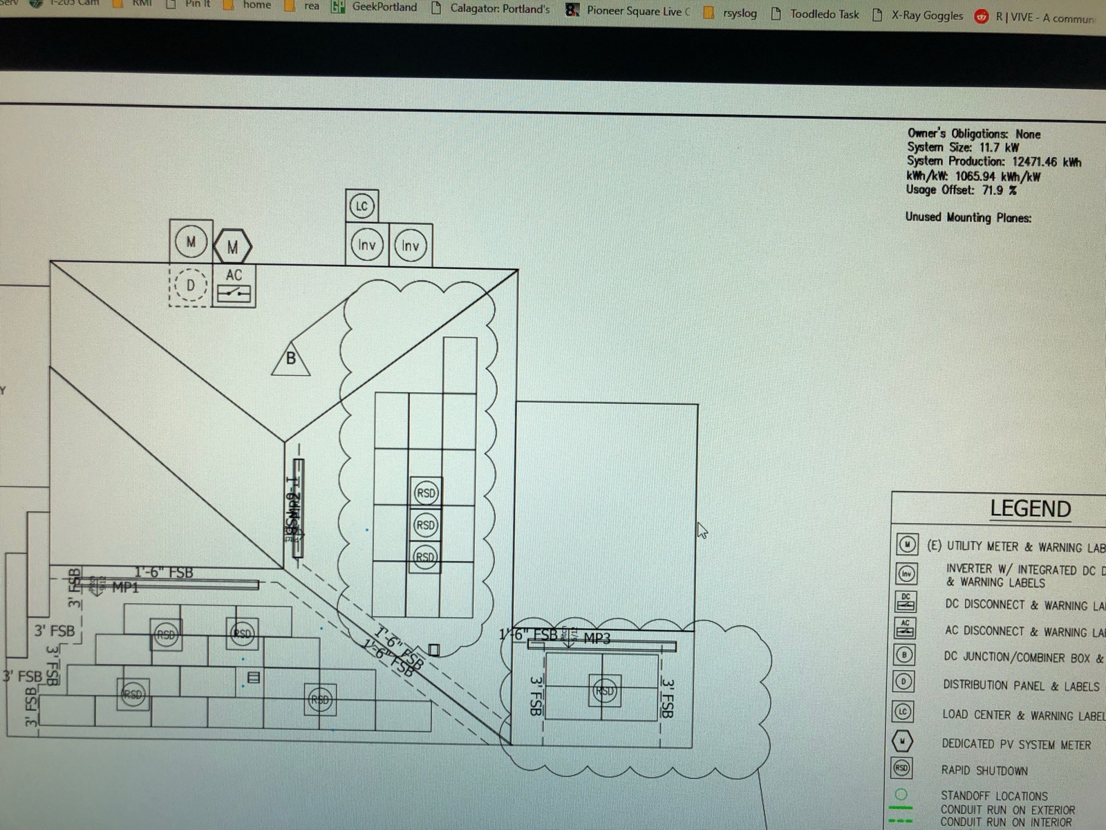 The PV engineering layout drawing: roof planes with module blocks, rapid-shutdown devices, fire setbacks, and a legend of meters, inverters and disconnects.